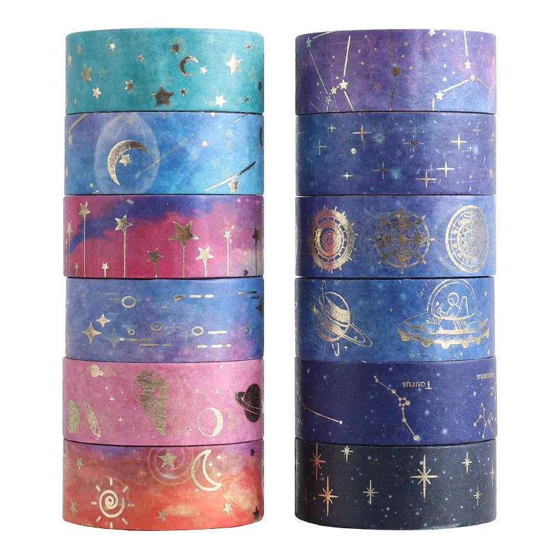 Juego de cintas Washi de noche estrellada, pegatinas adhesivas para decoración del hogar, constelación de galaxia, luna y estrella, 15mm x 2m, A6033, 12 unidades