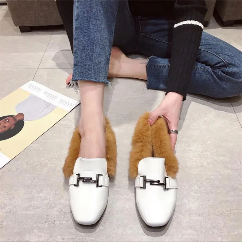 Woman Warm Snow Boots Superfine Fiber Rabbit Fur Mules Plush Furry Moccasins Ladies Fur Ankle Boots Winter Flat Shoes Plus Size