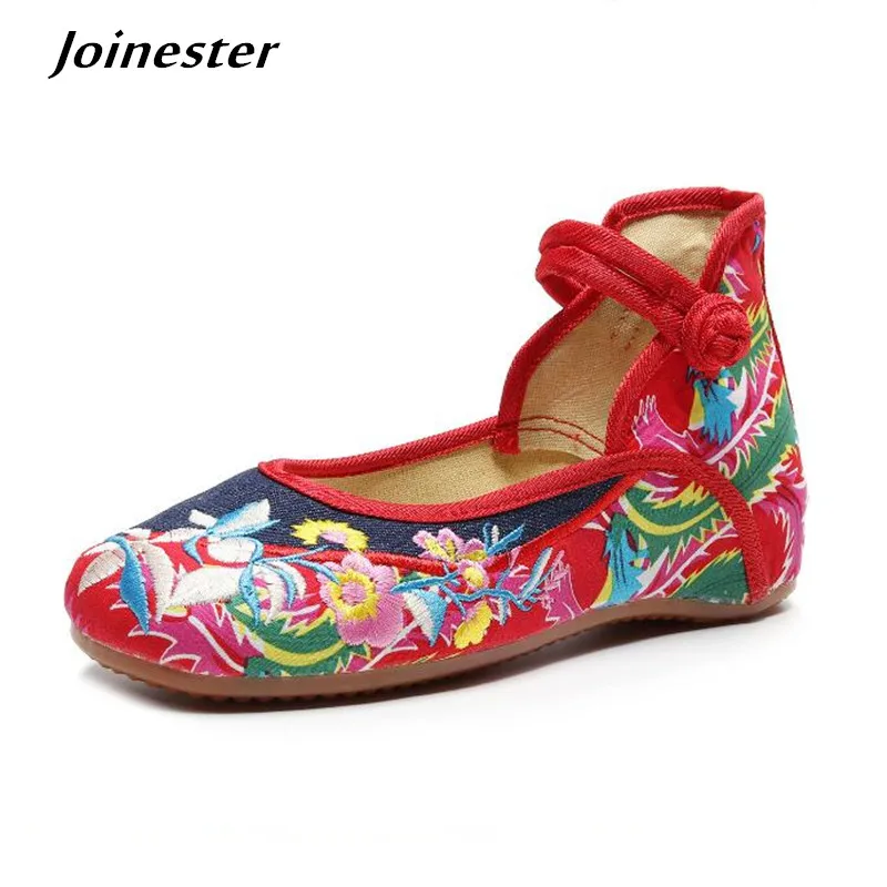 Women Low Heeled Ethnic Floral Embroidered Loafers Round Toe Canvas Mary Jane Ankle Strap Vintage Dance Shoes Autumn Flats