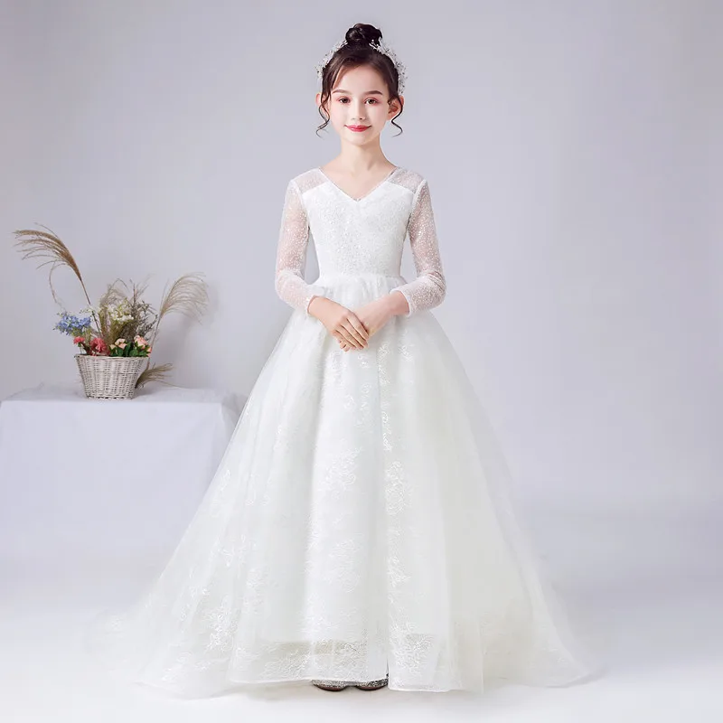 Dideydress-女の子のためのレースの花柄のドレス,パーソナライズされた長袖,結婚式やパーティーのためのドレス,プリンセスの誕生日,フォーマルなページェントドレス