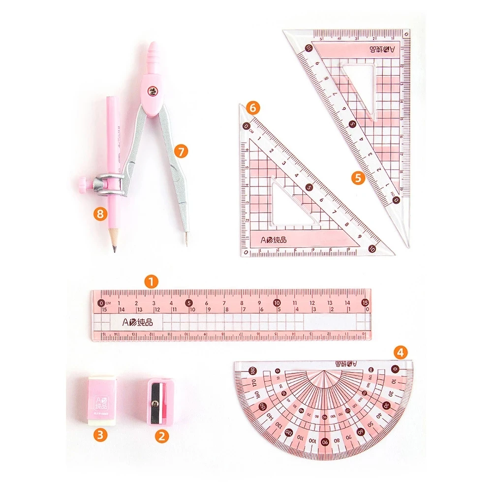 8pcs Plastic Geometry Stationery Set Maths Drawing Compasses Ruler Set Students Draw Measuring Tools School Office Stationery