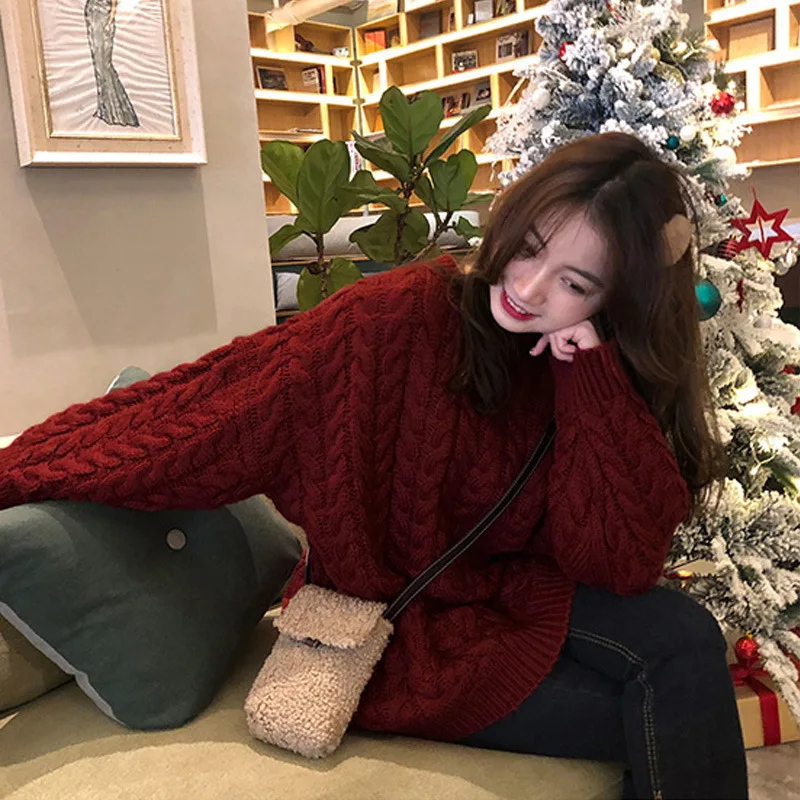 Autumn And Winter Car Li Son Red Ma Hua Sweater Loose Retro Temperament Round Collar Medium-length Knitted Outer Wear