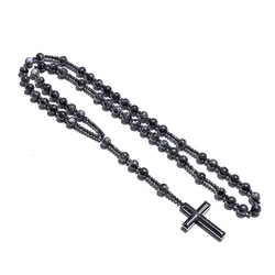 Black Labradorite Catholic Christian Rosary Beaded Necklace Cross Pendant Men and Women Meditation Yoga Mala Jewelry