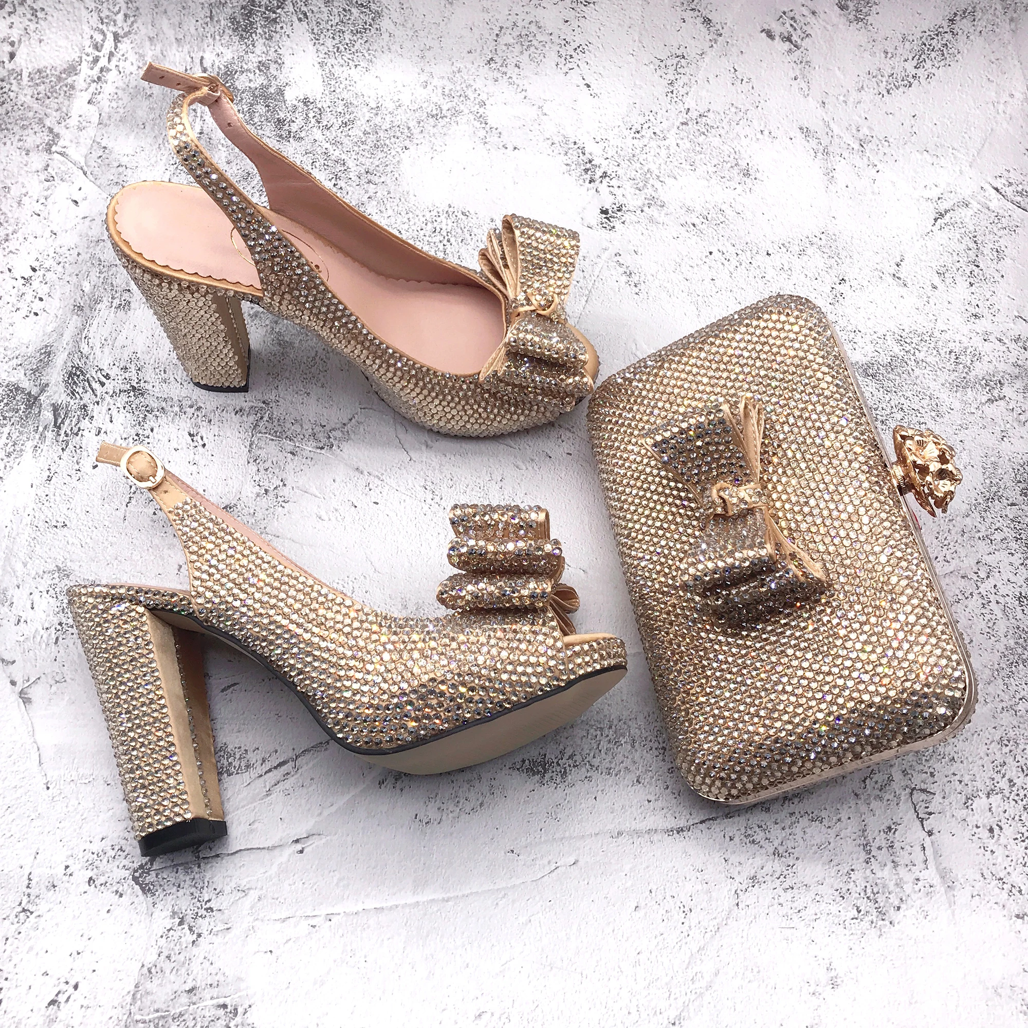 BS1388  Custom Made Heel Height Women Shoes Dress Pumps  Bridal Wedding Shoes  Champagne Gold Crystal Shoes With Matching Bag