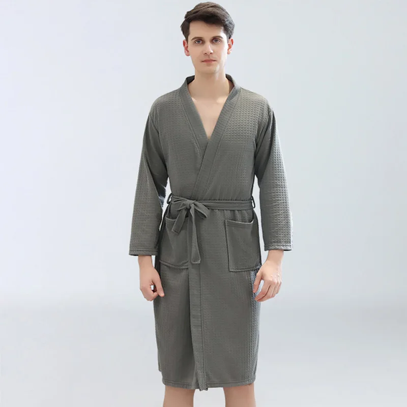 Solid Robe100% Cotton Waffle Robe Women&Men Soft Bath Robe Lovers Casual Nightrobe highly absorbent Sleepwear Loose Homewear