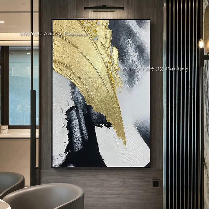 

The Hot Sale Handmade Color Black Golden Brush Oil Paintings Canvas Abstract No Framed Wall Art Pictures For Office Decoration