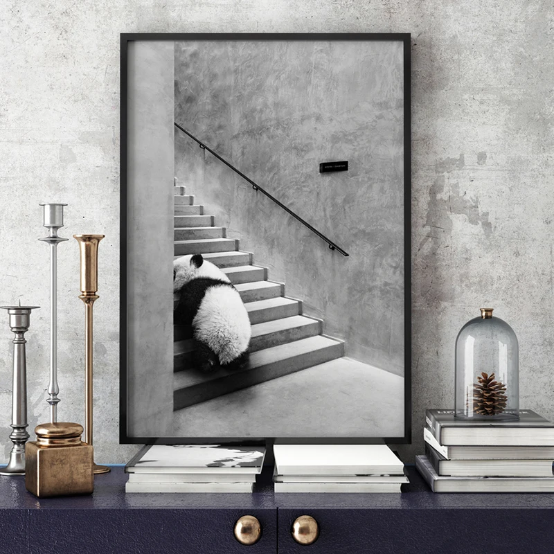 

Panda Giraffe Flamingo On Stairs Wall Art Canvas Painting Black White Nordic Posters And Prints Wall Pictures For Living Room