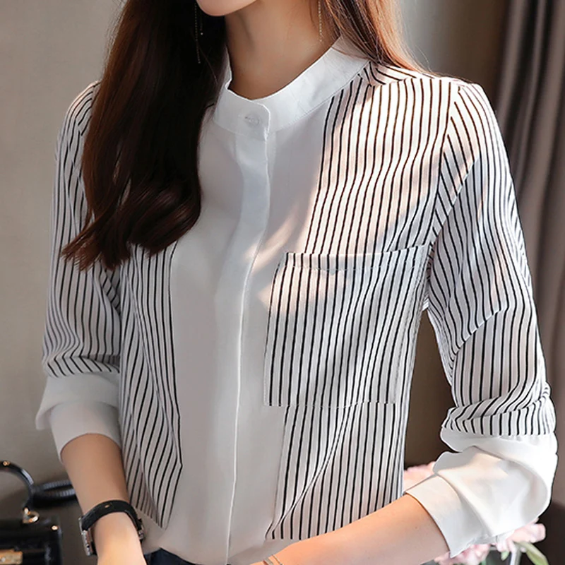 Long Sleeve Women Blouses Shirts Blouse Women Blusas Mujer De Moda 2024Black Striped Chiffon Blouse Shirt Women Tops Blusa D431