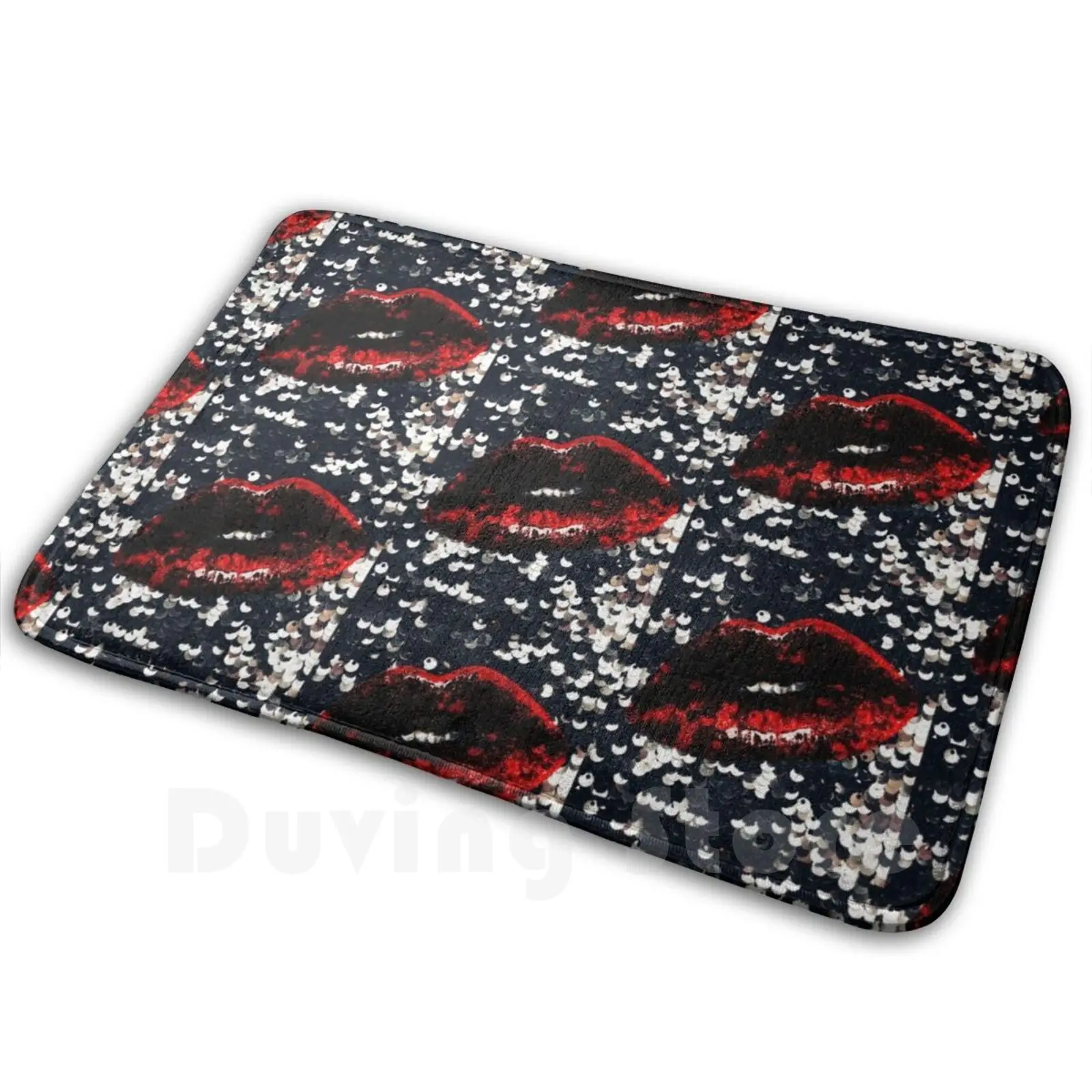 Red Lips And Sequins Carpet Mat Rug Cushion Soft Red Lips Lips Sequins Black Silver Glam Glam Rock Red Lipstick Night