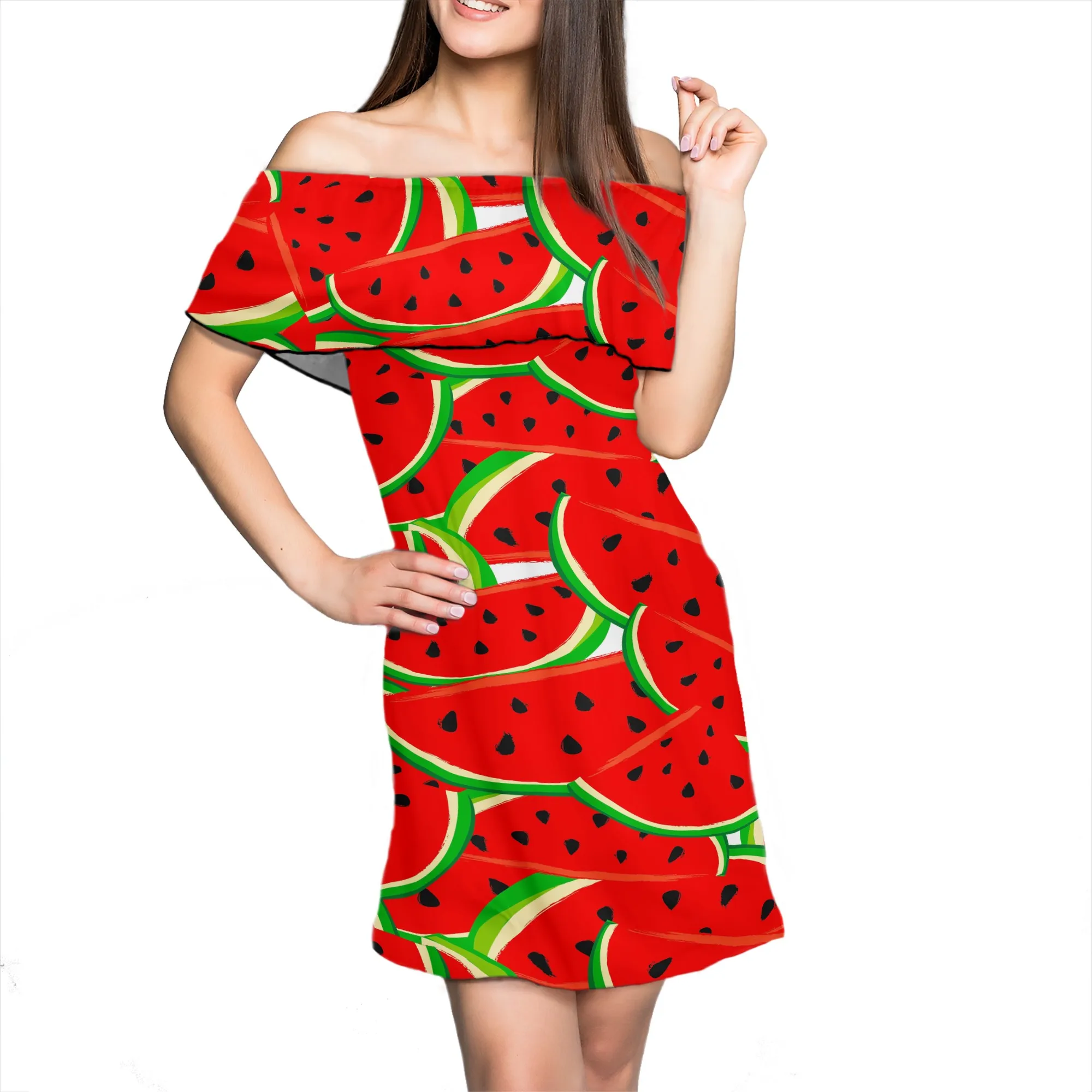 

Red Off-The-Shoulder Plus Size Dresses Hawaii Fruit Watermelon Printing Dress Summer Fashion Women Clothing Beach Casual Dress