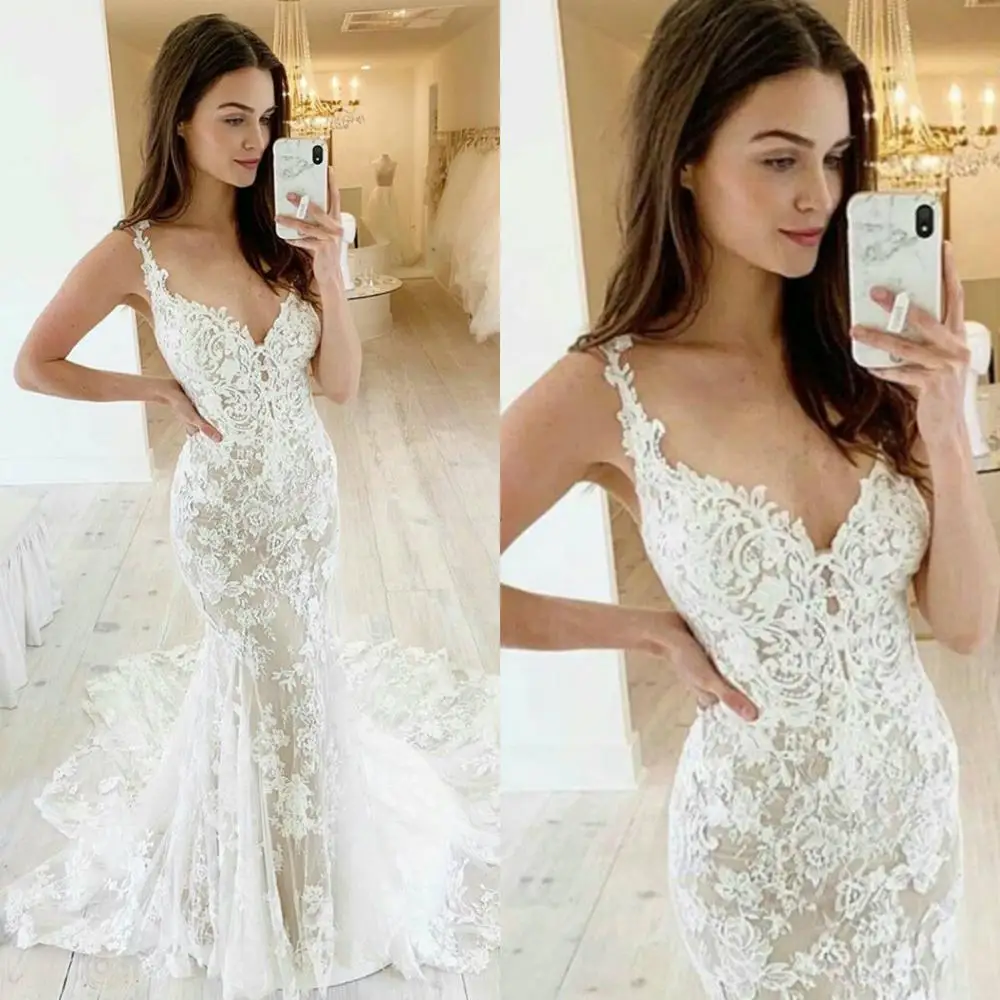 Abiti da sposa senza spalline Appliques di pizzo abiti da sposa a sirena abito da sposa con strascico senza schienale su misura