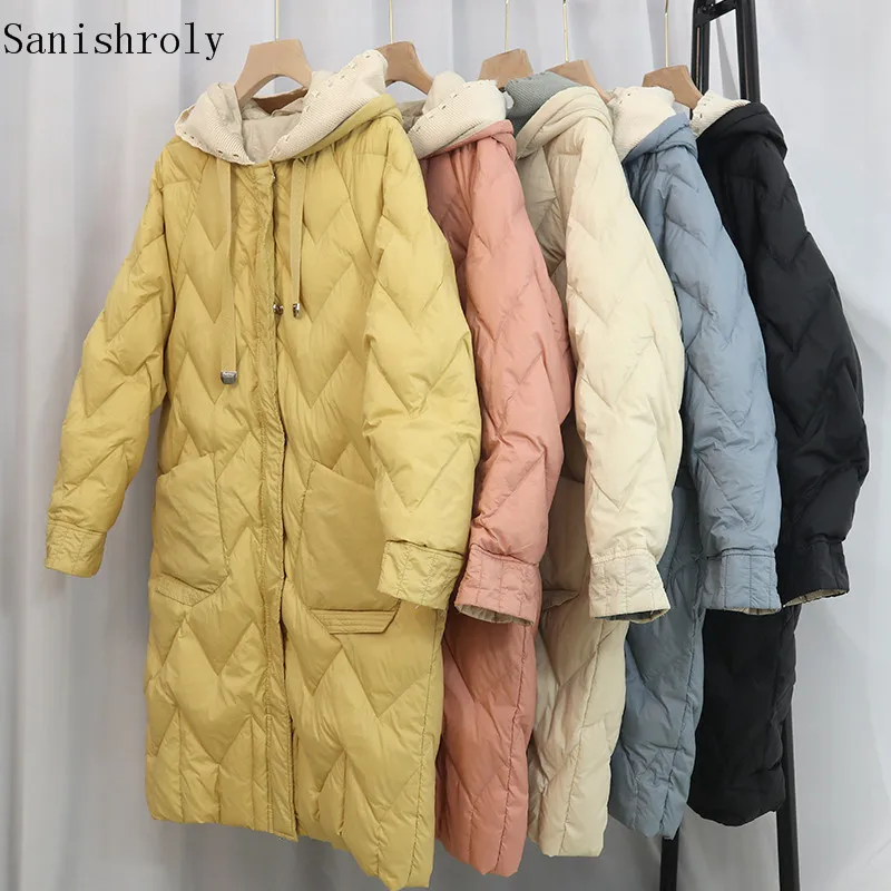 

Sanishroly Women Knitted Patchwork Hooded Coat New Warm Thicken White Duck Down Jacket Parka Ladies Long Winter Outwears SE1083