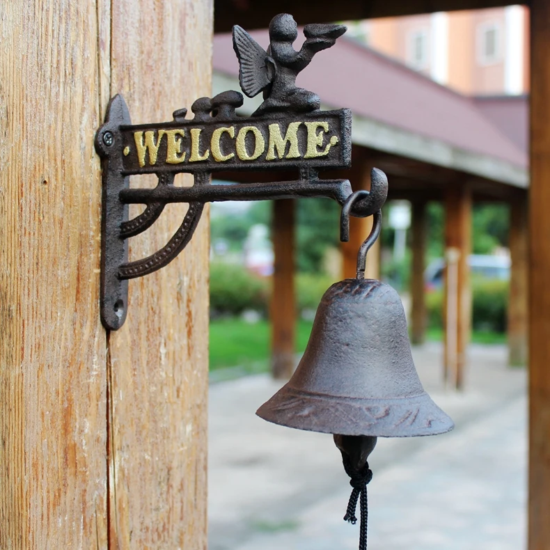 Angel Cast Iron Hand Cranking Wall Bell With Gold Welcome Signs European Home Garden Decor Hand Cranking welcome Door Bell