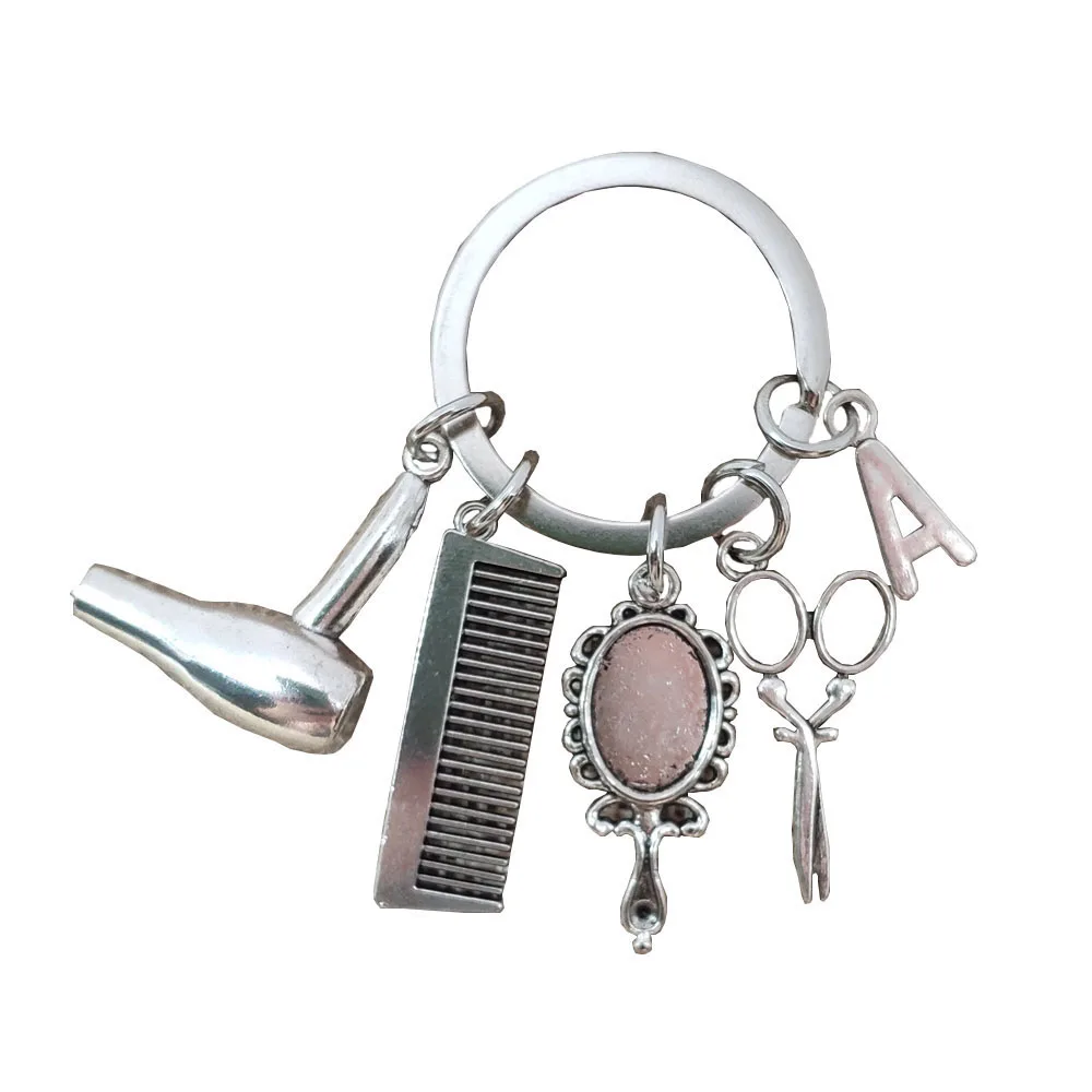 A-Z Letters Unique Handmade Retro Silver Plated Hair Drier Comb Mirror Scissors Style Keychain Key Ring Barber Shop Gift