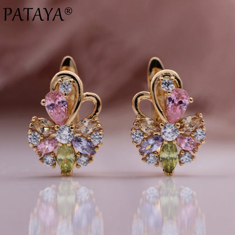 PATAYA New Pink Colorful Water Drop Natural Zircon Dangle Earrings 585 Rose Gold Color Women Fashion Jewelr Cute Metal Earrings