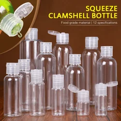 Botella de plástico PET transparente con tapa abatible para loción, botella de muestra de plástico vacía rellenable, herramienta de maquillaje con tapa de mariposa, 1 pieza, 5ml - 250ml