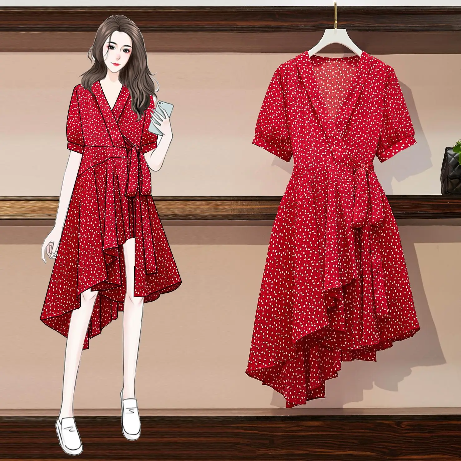 

EHQAXIN Red V-Neck Floral Print Self Tie Wrap Dress Mini Dress Women Ruffle Hem Short Sleeve Summer Chiffon Dresses L-4XL