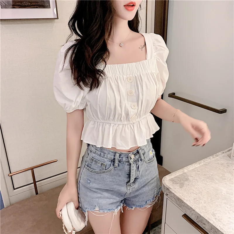 Women Summer Casual Square Neck Crop Top Short Puff Sleeve Shirt Tops Button Ruffles Yellow White Korean Fashion Clothing Blouse