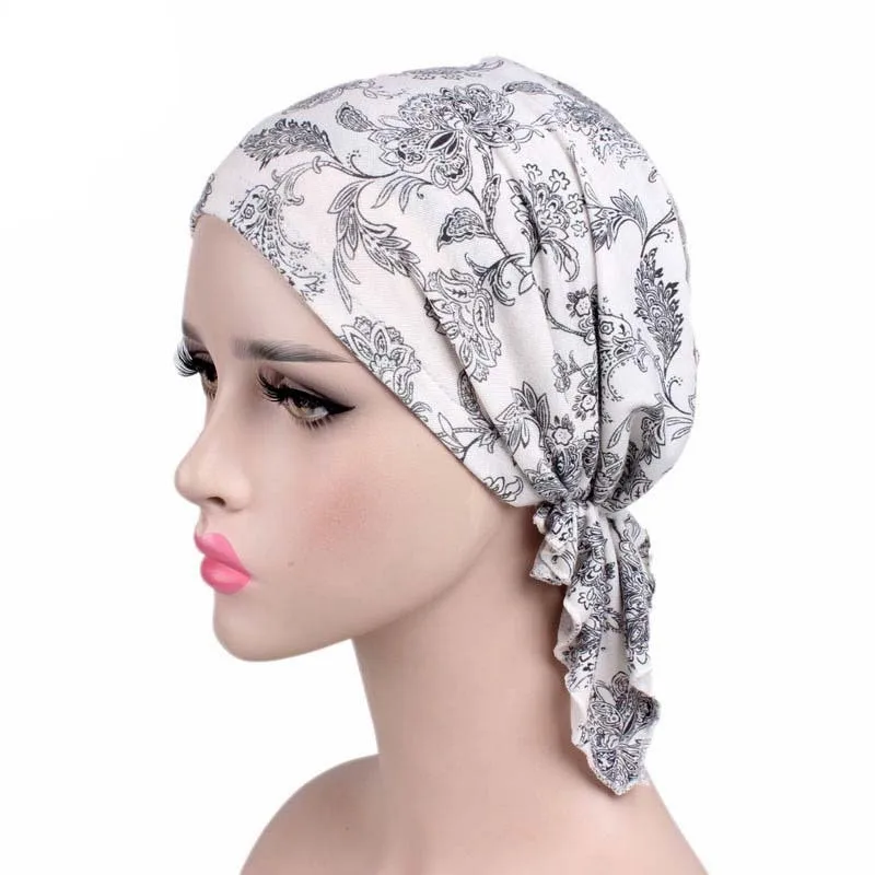 Muslim Women Print Stretch Cotton Pre tied Scarf Turban Hat Cancer Chemo Beanies Caps Head Wrap Headwear Hair Loss Accessories