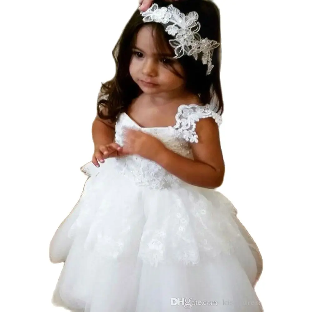 Cute Backless Flower Girls Dresses Tiers Skirts Vintage White Lace Straps Lovely Baby Birthday Ball Gowns with Bow Cheap Sale