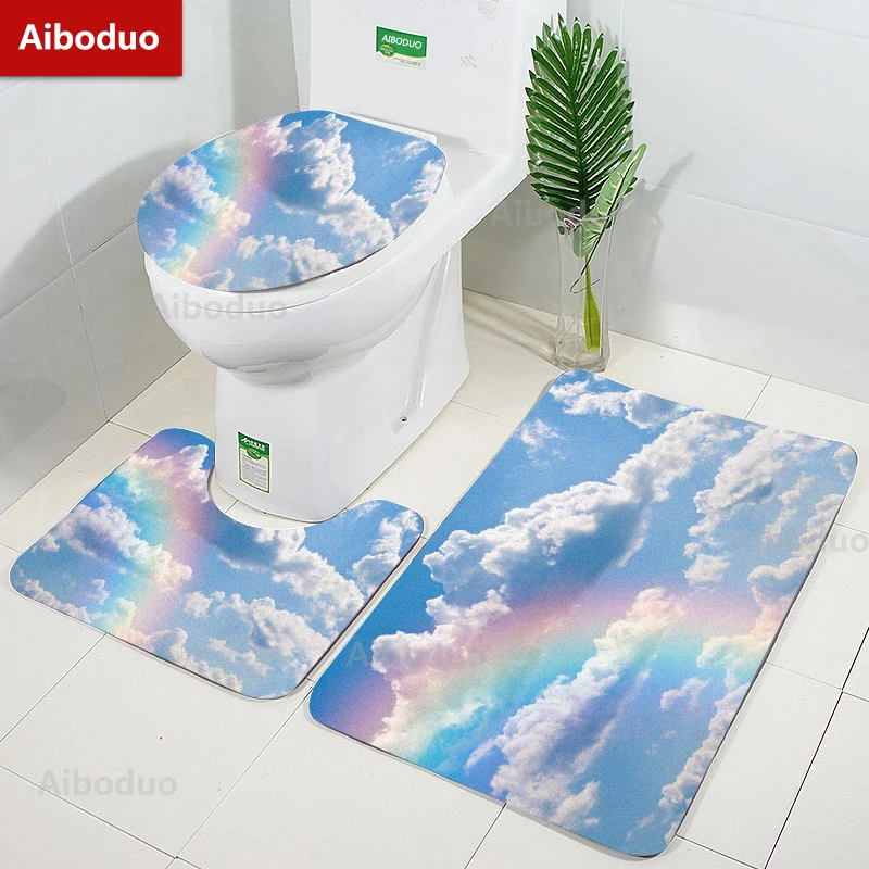 

Aiboduo White Cloud Rainbow 3pcs/set Non Slip Toilet Lid Cover Set Bathroom Rug Bule Sky Home Decoration Contour Bat Mat Carpet