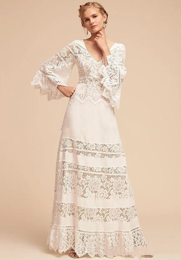 Bohemian Fairy Wedding Dresses with Flare Long Sleeve 2021 v-neck Lace Country Garden Bride Reception Dress robe de mariée