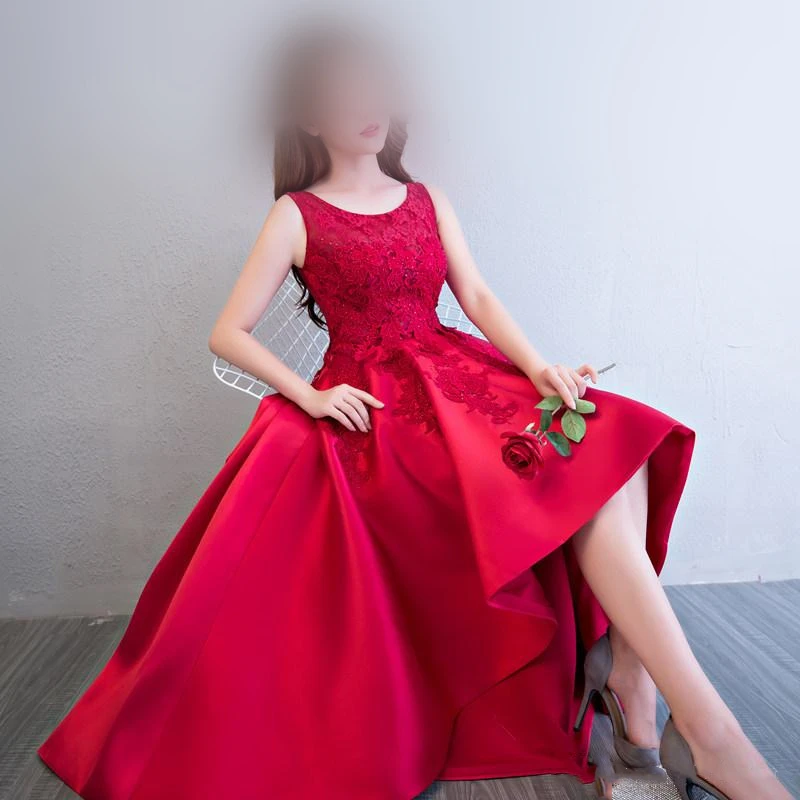 Elegante laço de cetim alta baixa vestidos de dama de honra com apliques curto frente longa volta vestido de festa robe de soirée femme 22