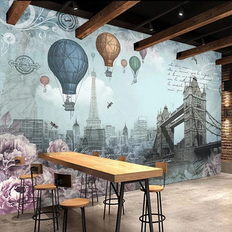 

3D фотообои для кухни: ретро-дизайн с воздушным шаром и городскими зданиями, фреска для ресторана, кафе, фон для дома, декор, papel de parede