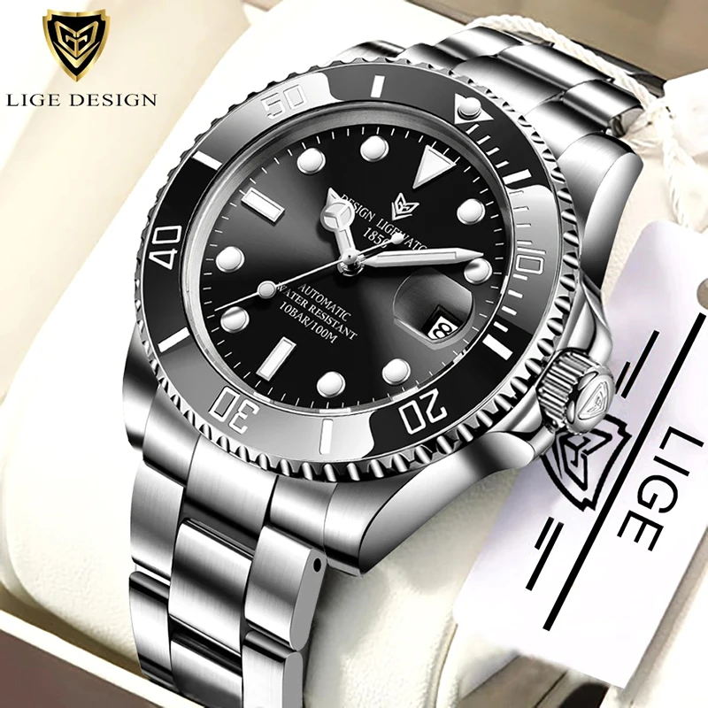 

LIGE Design Top Brand Luxury Watch Stainless Steel Men Automatic Watch 100M Waterproof Sports Mechanical Watch Reloj Hombre 2021