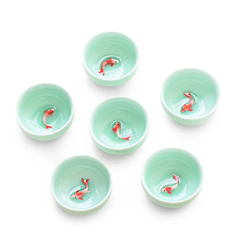 6pcs Kung Fu Tea Cup Set Celadon 3D Golden Fish China tea cups,Crackle Glaze Travel Tea Bowl Chinese Porcelain Teacup Set