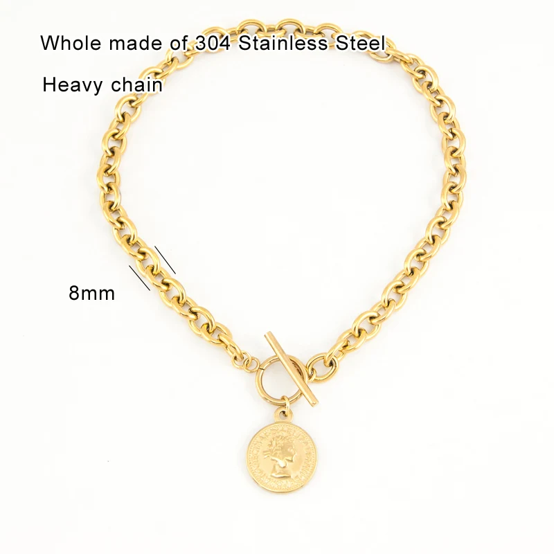 LUCKY Coin pendant Heavy Chunky Necklace for Women Toggle buckle Stainless Steel Cable chain Collar Choker Fashion jewelry