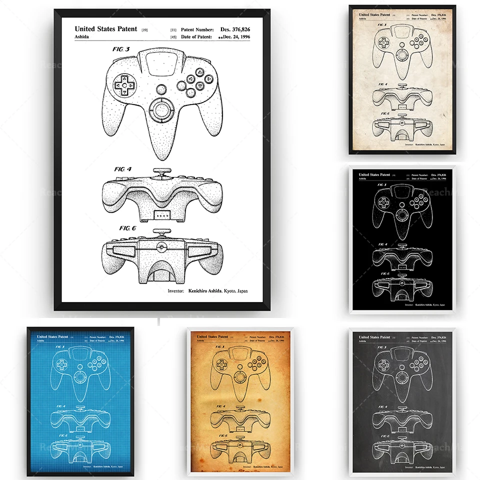 

N64 Controller 1996 Patent Printed Wall Art Poster Blueprint Game Gift