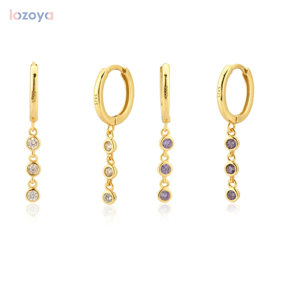 Lozoya 925 Sterling Crystal Jewelry Silver Three Zircon Charm Line Drop Earring Rock Punk Fashion Wedding Fashion Pendiente