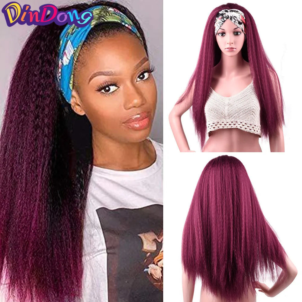 DinDong Kinky Straight Headband Wigs Heat Resistant Synthetic Hair Wig Machine Made Wig For Black Women