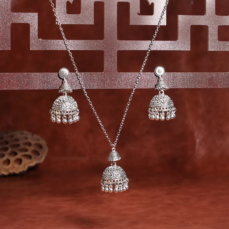 Vintage Indian Wedding Jewelry Set For Women Gold Color Carved Bells Necklace&Earring Statement Dangle Earrings Gifts