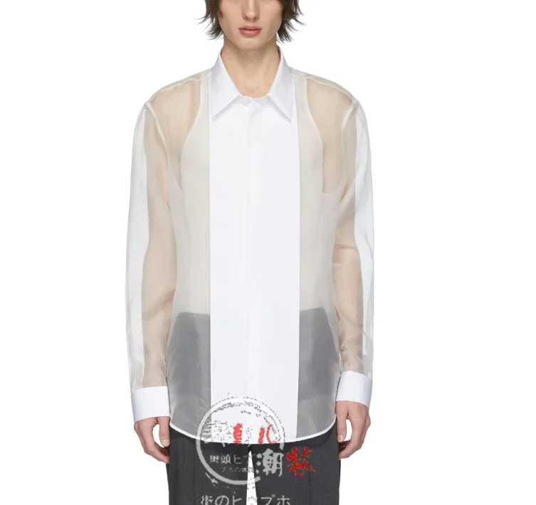 

S-7XL!!The new men's casual versatile transparent shirt minimalism patchwork organza long-sleeved shirt semi-seep top