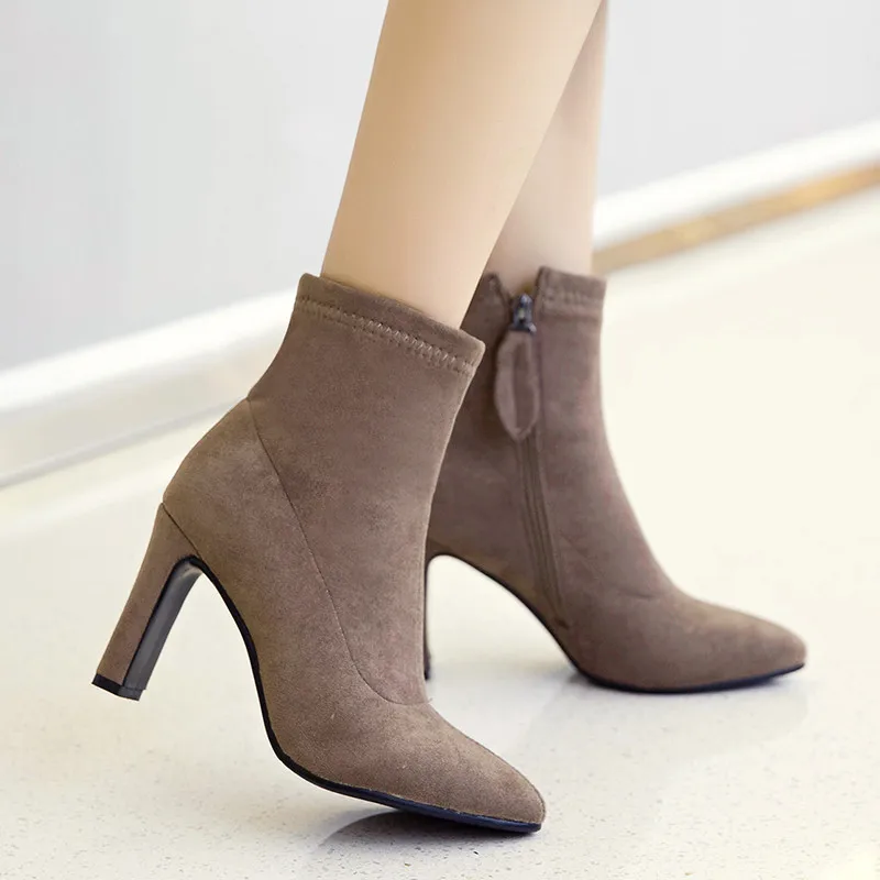 

YQBTDL 2023 Winter Elegant Sock Ankle Boots Black High Heel Stretch Faux Nubuck Suede High Heel brown Womens Shoes Lady Office