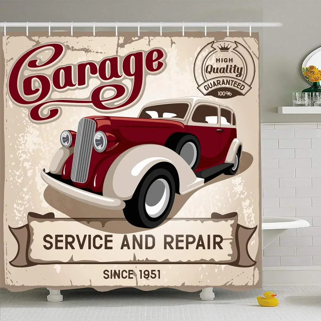 Old Auto Service Retro Grungy Car Automotive Vintage Garage Classi Polyester Set with Hooks