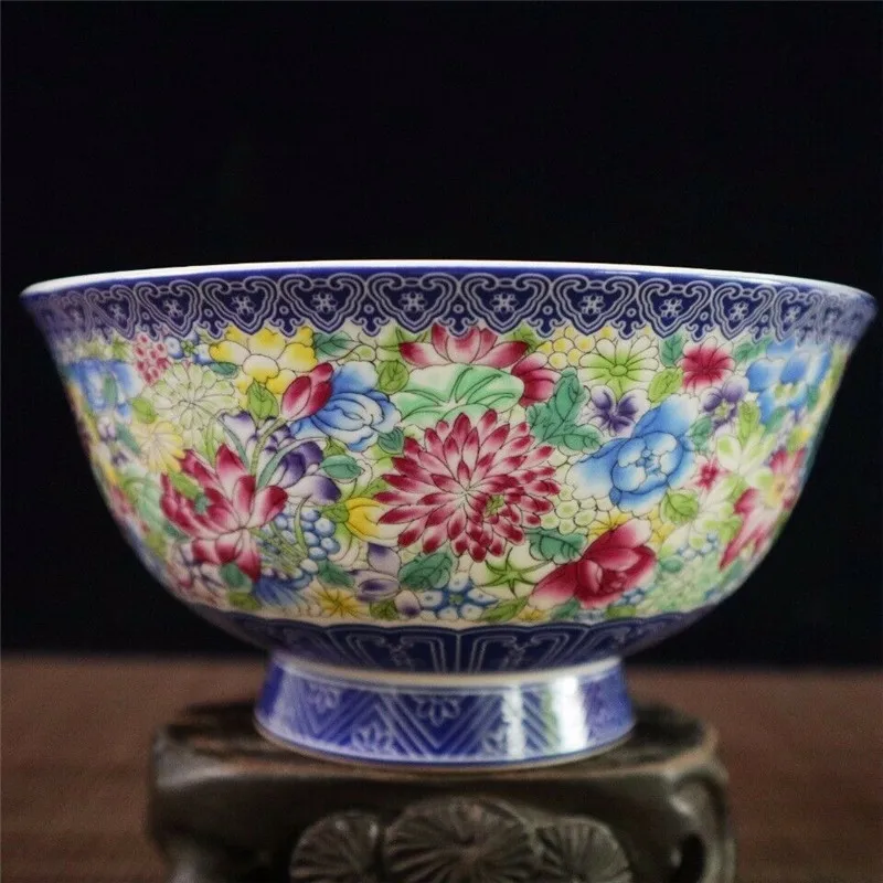 Chinese Old Porcelain Pastel Kaleidoscope Pattern High Feet Big Bowl