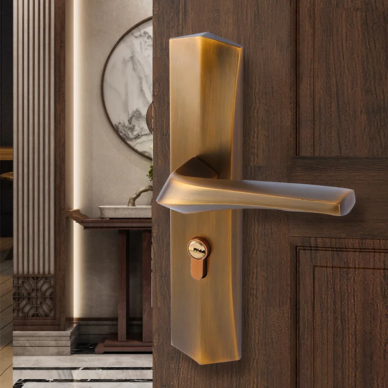 

New Chinese Modern Bronze Indoor Bedroom Door Lock Magnetic Mute Split Door Handle Yellow Ancient Room Wooden Door Lock