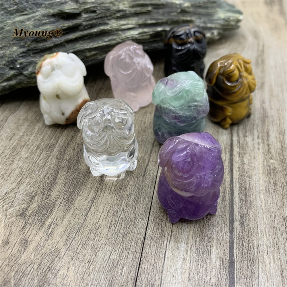 

10PCS Carved Pug Shape Natural Crystal Quartz Amethysts Gems Stone Tiger Eyes Dog Pendants MY211222