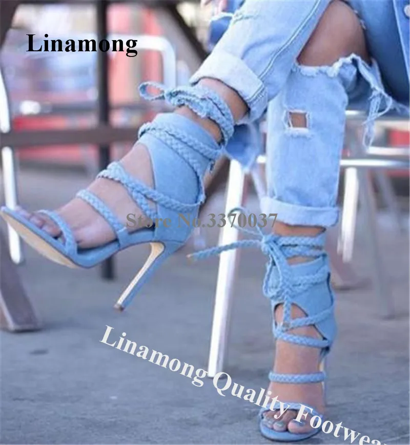 

Linamong Charming Braided Ropes Stiletto Heel Gladiator Sandals Blue Brown Pink Lace-up Ankle Wrap High Heel Sandals