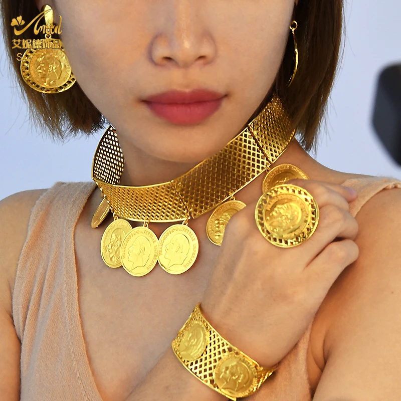 

Wedding Vintage Jewellery Luxury African Jewelry Sets Ethiopian Dubai Gold Plated Coin Necklace Earrings Bracelets Set For Women
