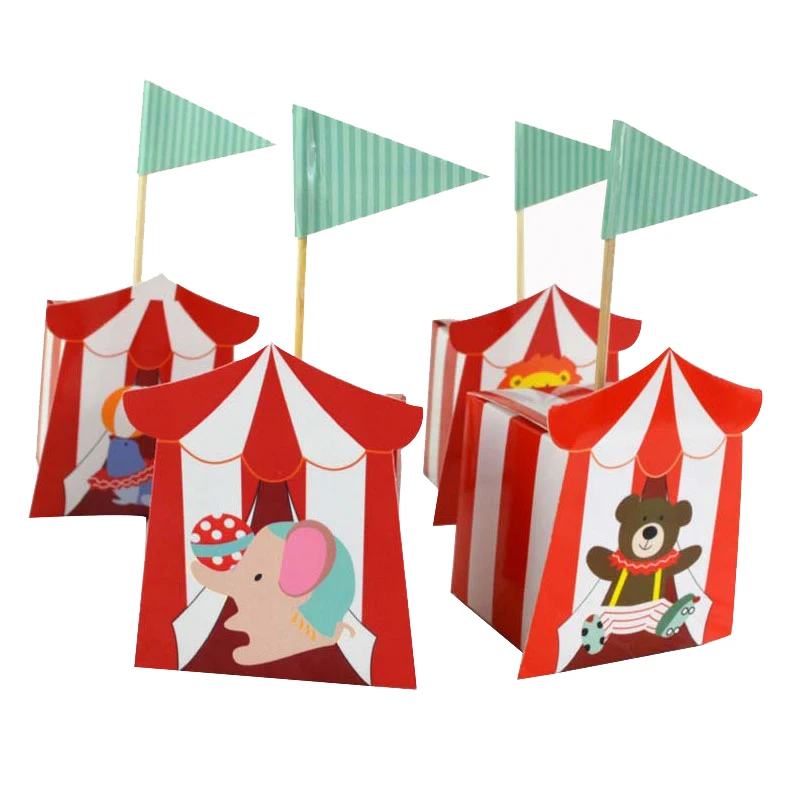 20pcs/set Circus Candy Box Paper Red Striped Gift Box with Flag Birthday Party Baby Shower Decorations Favors Packaging Bag