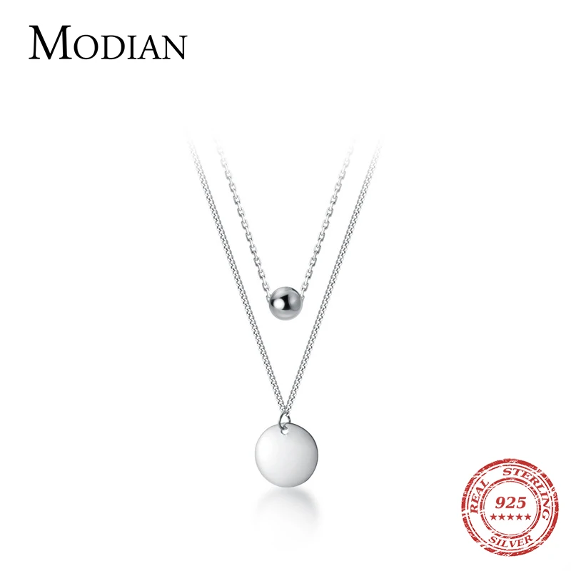 Modian Simple Design Beads Ball Coin 925 Sterling Silver Pendant for Women Girl Double Layer Basic Chain Necklace Fine Jewelry