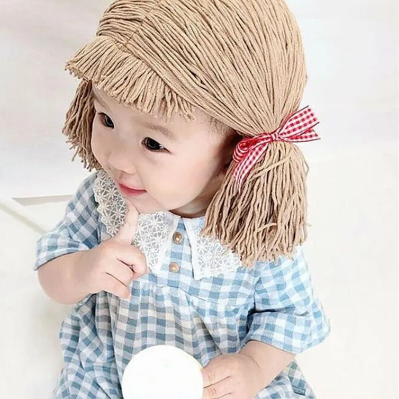 Cute Kids Girl Hat Beanie Hair Pigtail Wig Cap Handmade Woolen Yarn Children Baby Hats and Caps Accessories Photography Props