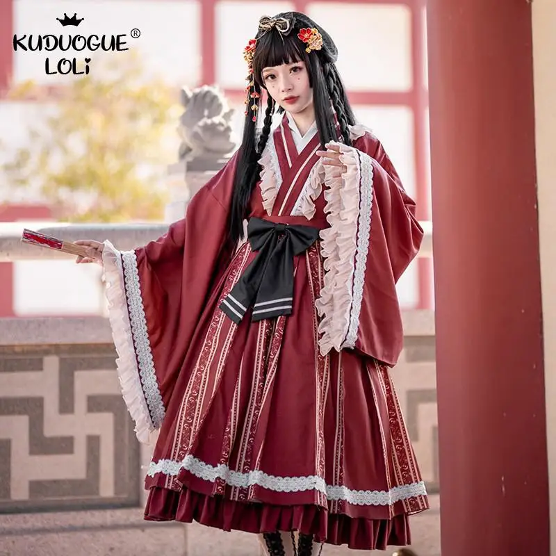 Dài Tay Lolita OP Dễ Thương Bé Gái Vintage Ngọt Ngào Thêu Xù Ren Cung Tên Chinoiserie Tươi Nữ Đảng Trang Phục Hóa Trang