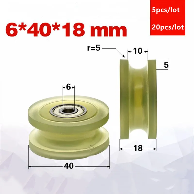 5pcs/20pcs 6*40*18mm U type groove PU polyurethane coated pulley double 626zz bearing soft rubber r5 guide wheel 10mm optic axis