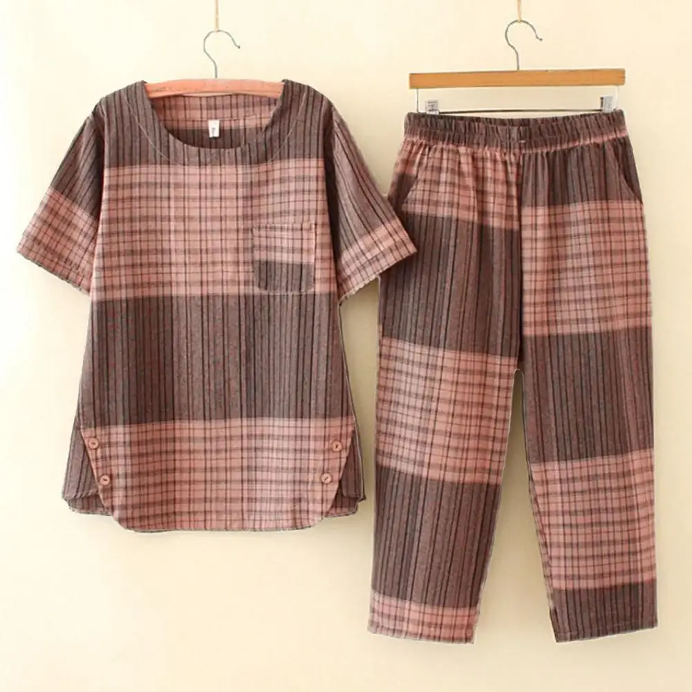 Summer Capris Plaid Women Sleep Lounge Pajama Short-Sleeved Pajama Sets Pyjamas Polyester Sleepwear 3XL 5XL Home Fashion