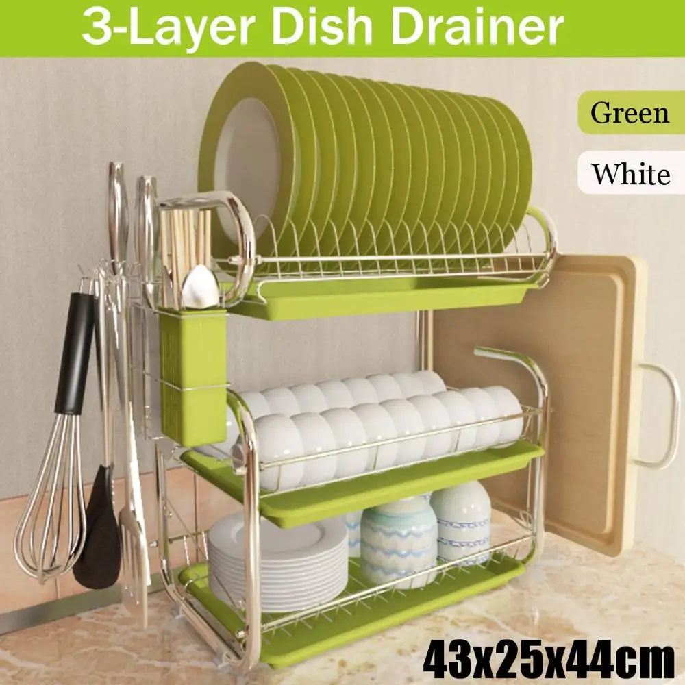 

3 Tiers Dish Drainer Kitchen Dish Rack Storage Shelf Washing Holder Basket Plated Knife Sink Drying Organizer Tools Stainless